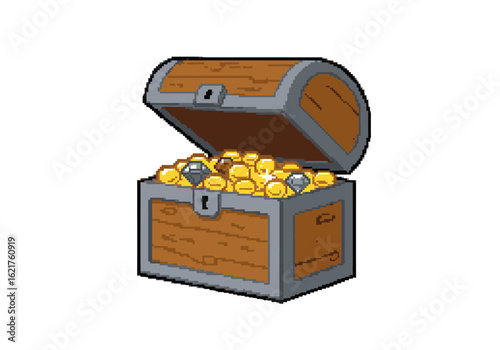 Pixel Art Treasure Chest Overflowing with Gold Coins and Diamonds