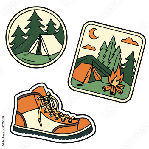 Collection of camping themed stickers featuring a tent campfire and hiking boot
