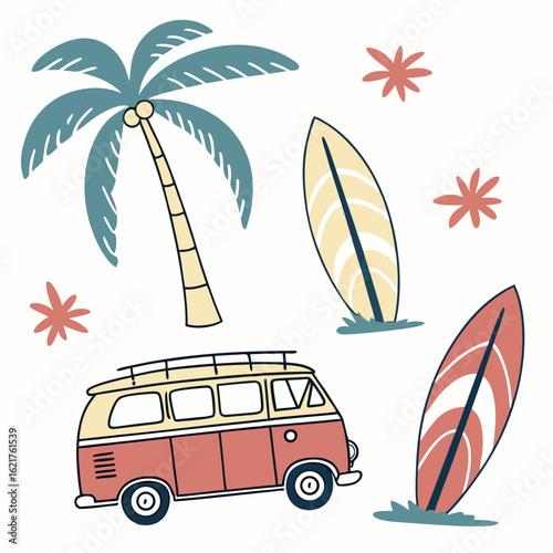 Retro camper van with surfboards and palm tree for a tropical beach vacation