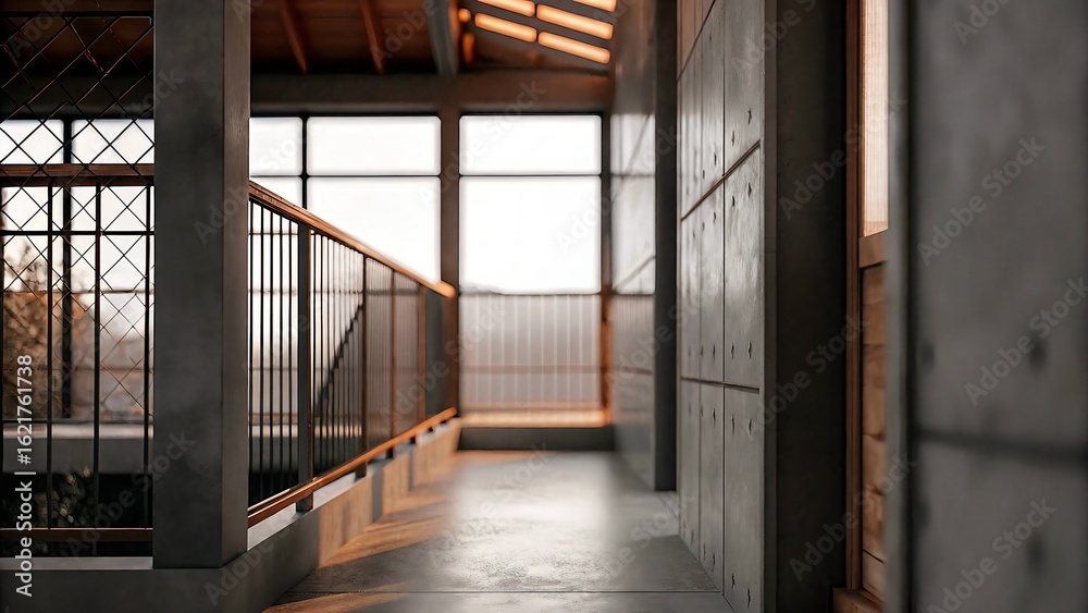 Obraz premium Minimalist Industrial Hallway with Concrete Walls and Warm Light