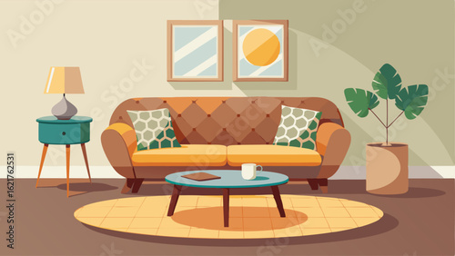 A sunlit sitting area with a tufted leather sofa a round metal coffee table and a mix of eclectic throw pillows.