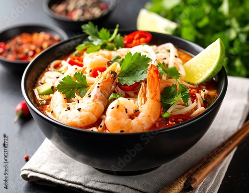 Spicy shrimp noodle soup in a bowl