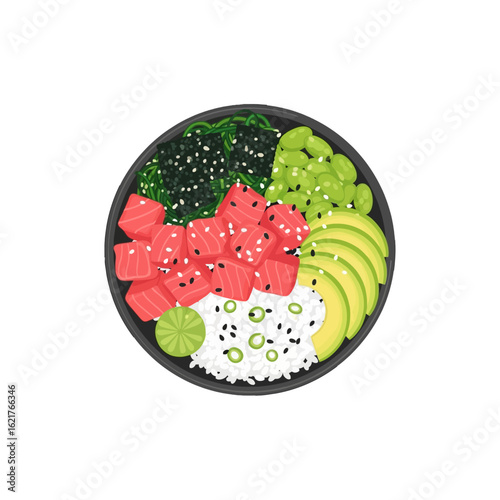 Colorful Hawaiian poke bowl with tuna, rice, avocado, and seaweed.