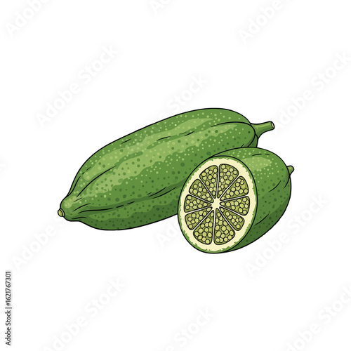 A whole and halved finger lime, showcasing its vibrant green skin and segmented interior.