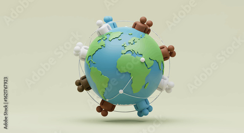 3D rendered illustration of a globe surrounded by diverse hand gestures, promoting unity.