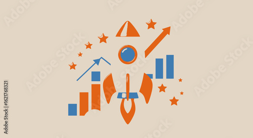 An illustration of a rocket ship surrounded by charts and stars, symbolizing growth and success.