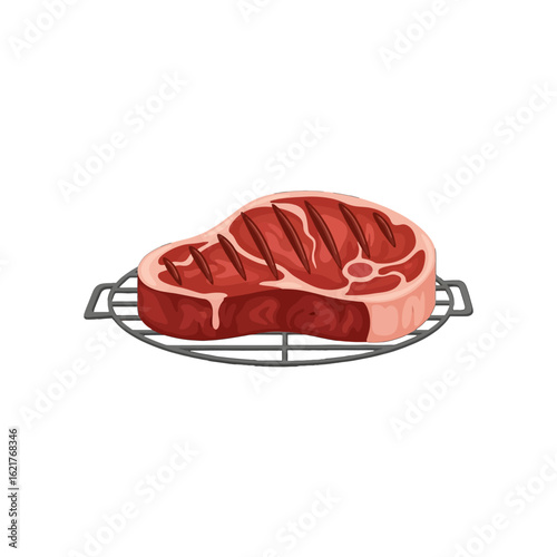 A grilled steak with grill marks sits on a metal rack, showcasing its pink and red hues.
