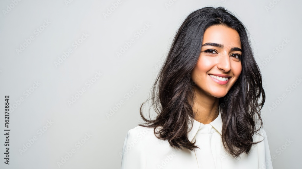 Fototapeta premium Confident young Arab businesswoman in professional attire, smiling against a soft white backdrop. 