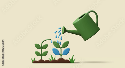 A green watering can pouring water onto two stylized growing plants, nurturing growth.