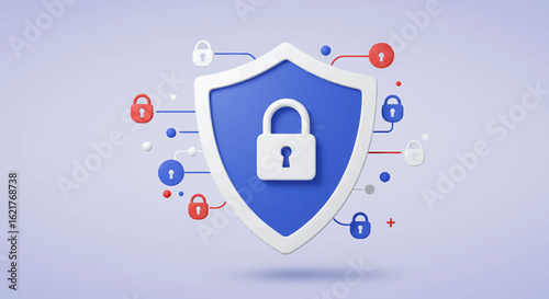 A 3D rendered illustration of a blue shield with a central lock, symbolizing protection.