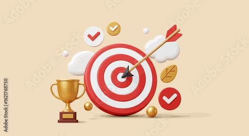 A 3D rendering of a bullseye with an arrow, trophy, and checkmarks representing achievement.