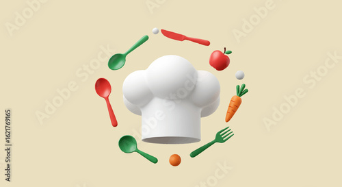 Chef's hat surrounded by colorful 3D rendered kitchen utensils and food items like apple and carrot on a beige background.