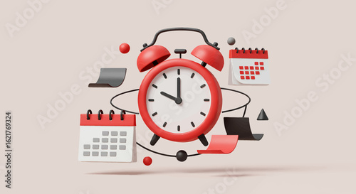 A 3D rendering shows a red alarm clock surrounded by calendars, laptops, and abstract shapes, all floating against a light beige background, symbolizing time...