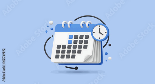 3D rendering of a blue calendar with a clock, showing time management and scheduling concepts against a light blue background.