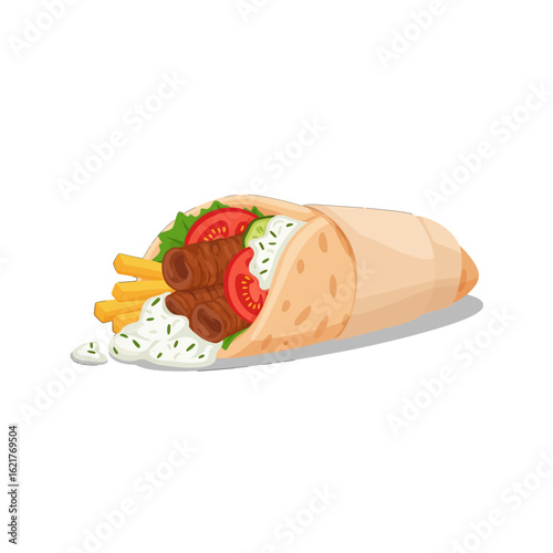 A delicious gyro, pita bread wrapped around grilled meat, fries, tomatoes, and creamy tzatziki sauce.