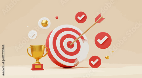 Illustration of a golden trophy, a target with an arrow hitting the bullseye, and check marks, symbolizing success and achievement.