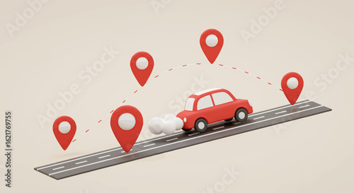 A red toy car drives along a road with red location pin markers indicating destinations, with a dotted line showing the route.