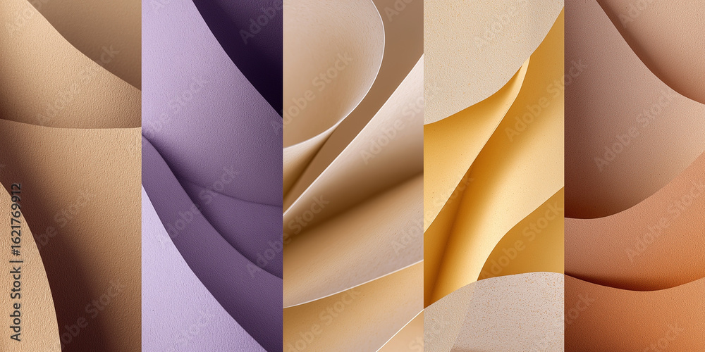 Obraz premium Layered paper textures in warm beige, lavender, and soft earth tones create soothing abstract composition. gentle curves and shadows add depth and elegance to design
