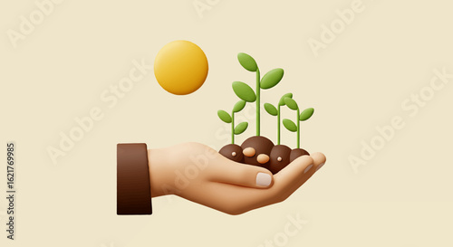 A hand gently holds soil with sprouting plants under a bright sun, symbolizing growth, care, and environmental awareness.