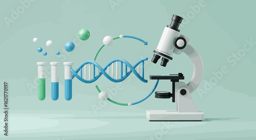A stylized image depicts a microscope analyzing a DNA strand, with test tubes and floating spheres representing scientific research and discovery.