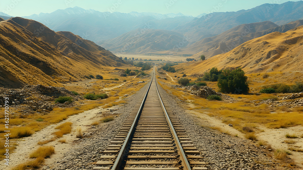 Fototapeta premium Train tracks receding into a desert valley.