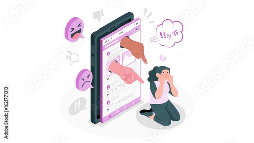 A distressed girl is the victim of cyberbullying and online hate animation 4k