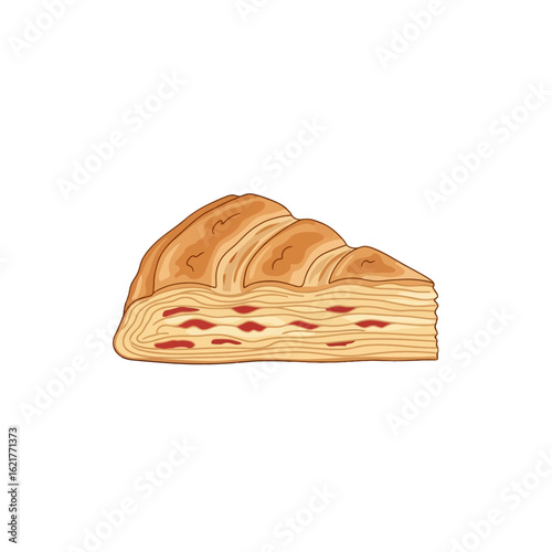 A delectable slice of layered pastry, filled with a vibrant red fruit preserves, presented against a plain white background.