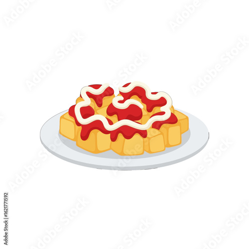 A plate of patatas bravas, a Spanish dish, with crispy potato pieces, tomato sauce, and a creamy topping.