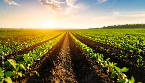 Agricultural landscape featuring rows of crops under a vibrant, sunny sky at sunset