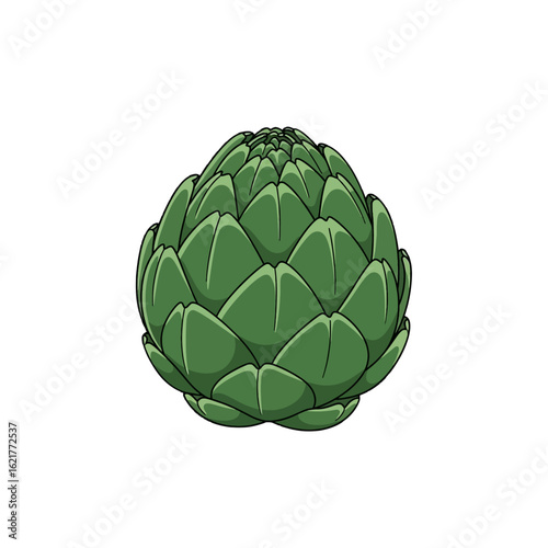A single, whole artichoke, illustrated in a detailed, stylized manner against a plain white background.