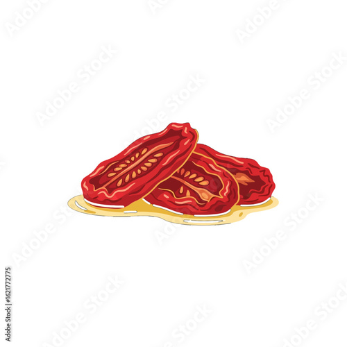 Illustration of three sun-dried tomato halves, showing seeds and texture, with a light yellow base.