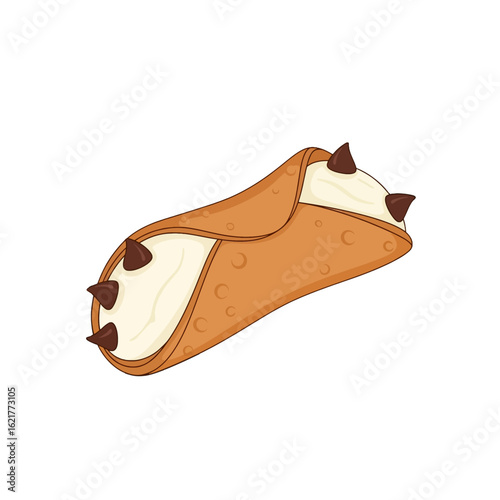 A single, illustrated cannoli pastry with cream filling and chocolate chips.