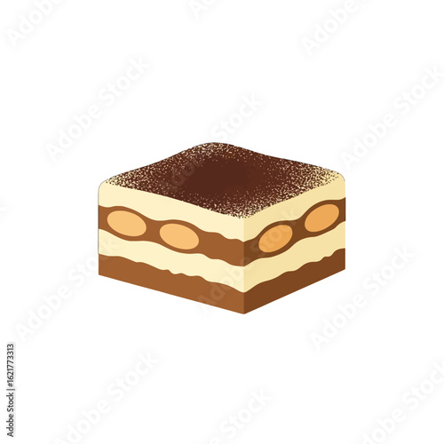 Illustration of a square slice of tiramisu with visible layers of cream, ladyfingers, and cocoa powder dusting.