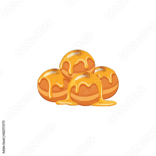 Illustration of golden, round pastries drizzled with sweet, flowing honey.