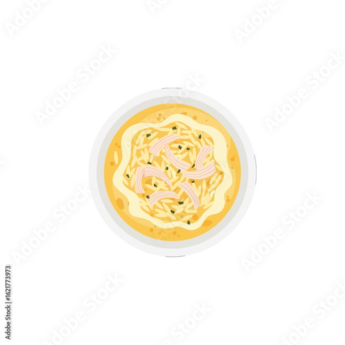 Top-down view of a creamy, cheesy pasta dish in a white bowl.