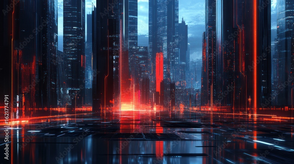 Obraz premium Futuristic city street with glowing red lines, urban background, digital art