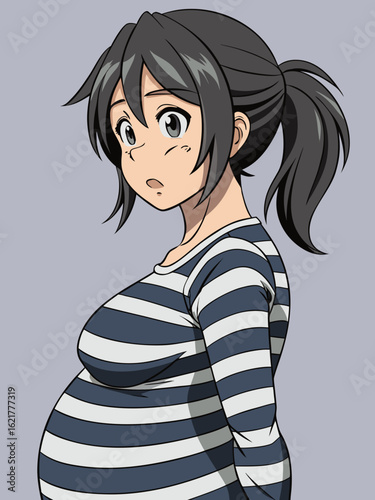 Surprised Pregnant Anime Woman in Striped Shirt – Character Vector Illustration