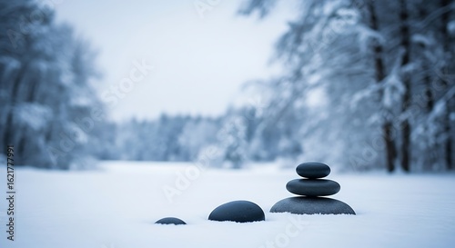 Stack of dark stones in snow covered landscape with trees in the background scene