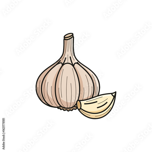 A whole bulb of garlic and a single clove, illustrated in a simple, hand-drawn style.