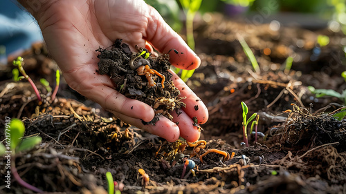 Hand holding fertile soil rich in organic matter for planting seeds promoting sustainability and ecological awareness in gardening practices