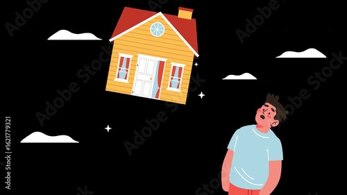 house flying with balloons, real estate crisis, rising house prices animation 4k on alpha channel