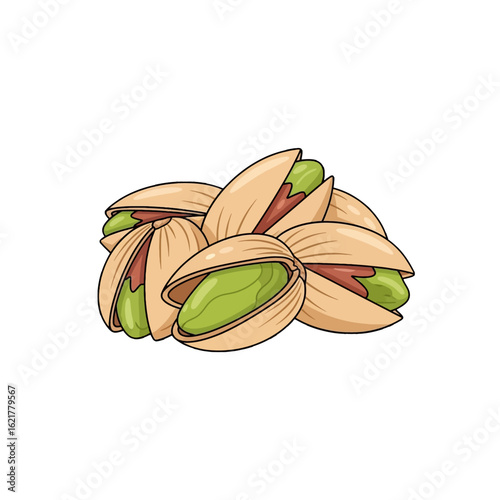 A cartoon illustration of pistachios in shells, clustered together.