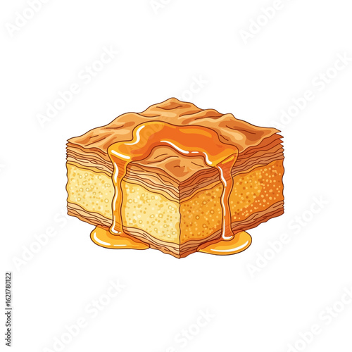 An illustration of a square piece of baklava with honey or syrup drizzled on top, dripping down the sides.