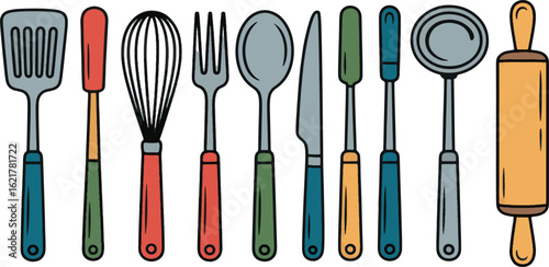 Colorful kitchen utensils collection with a rolling pin cooking tools spatula