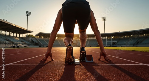Determined athlete poised on starting blocks at an athletics stadium track, ready to sprint against the sunrise.
