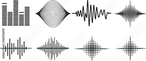 Diverse sound wave visualizations and audio spectrum displays sound waves equalizer