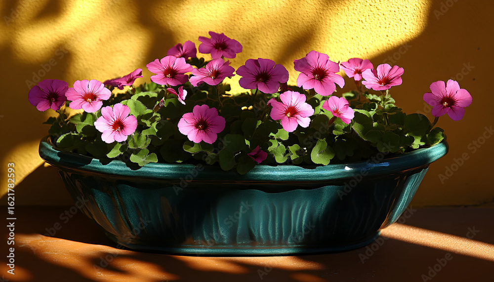 Naklejka premium Pink flowers in a teal planter on a wooden surface