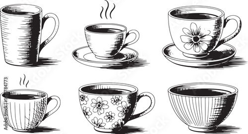 Various coffee cups and mugs with steaming liquid hot beverage