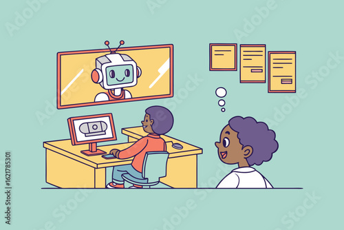 AI Bot Conducting a Pop Quiz With Students Using Interactive Screens in a Tech Classroom