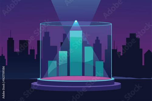 glass podium under a single spotlight  vibrant cit.eps